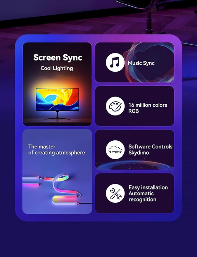 RGB Backlight for PC & Mac, LED Strip Light Sync with Screen Color or Music, Stick to The Edge of Your Desk, LEDs for Desk Gaming, USB Port, Software Control, 6.57ft / 2m