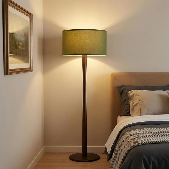 62" Tall Rustic Wood Floor Lamp for Living Room, Farmhouse Walnut Wood Floor Lamps with Linen Shade, UL Listed Standing Lamps with Wooden Base for Bedroom, Corner, Dining Room,Office, Green Shade
