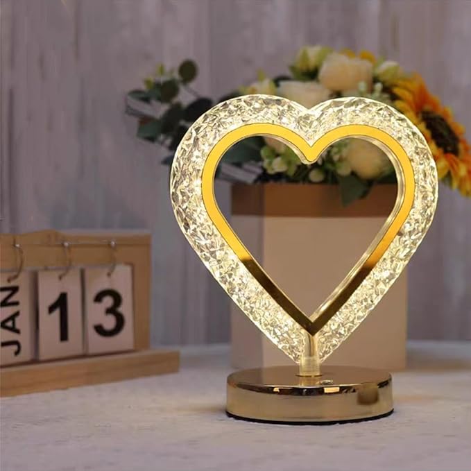Crystal Table Lamp, Touch Control Nightstand Light with 3Color Temperature, USB Rechargeable Bedside Light for Bedroom Living Room Desktop Bar Cafe Office Indoor Decoration(Love Heart)