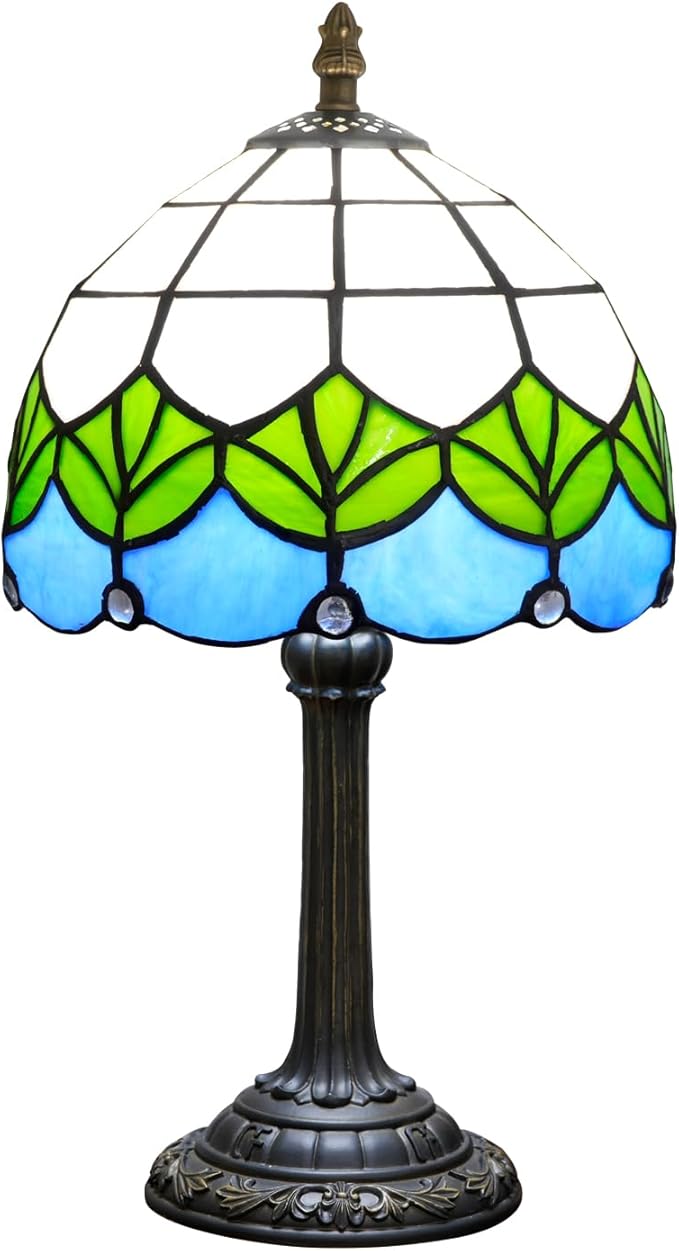 Small Tiffany Lamp Stained Glass Table Lamp Elegant Lovely Retro Style Green Lotus Leaf Bedside Nightlight Nightstand Bedroom Home Decoration Antique Living Room Office Interesting Lamp