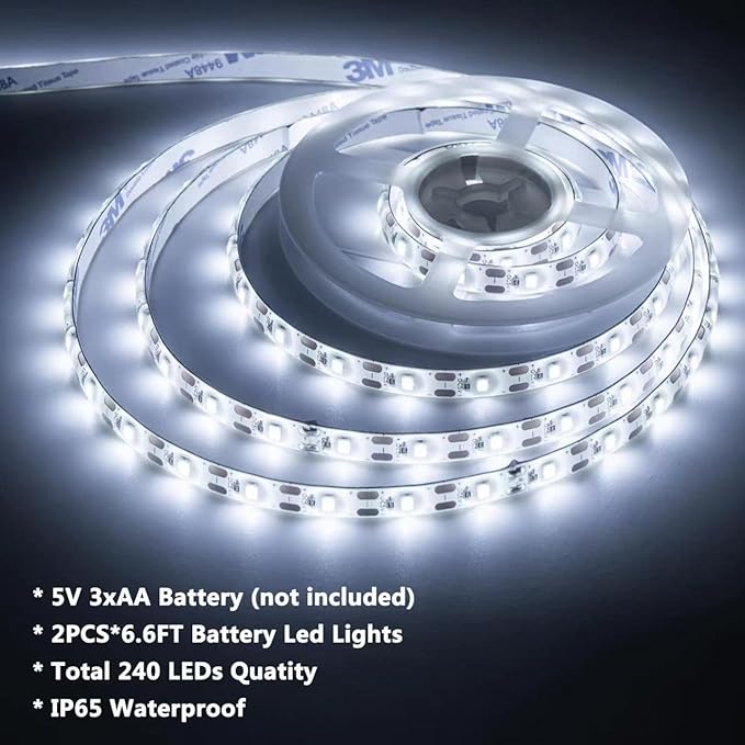 Battery Operated LED Strip Lights with Remote Daylight White, Timer, Dimmable, Waterproof, 13.2ft 240 LED Light Strip Suitable for Stairs, Wardrobe, Kitchen, Bedroom, Party, 2 Pack of 6.6ft.