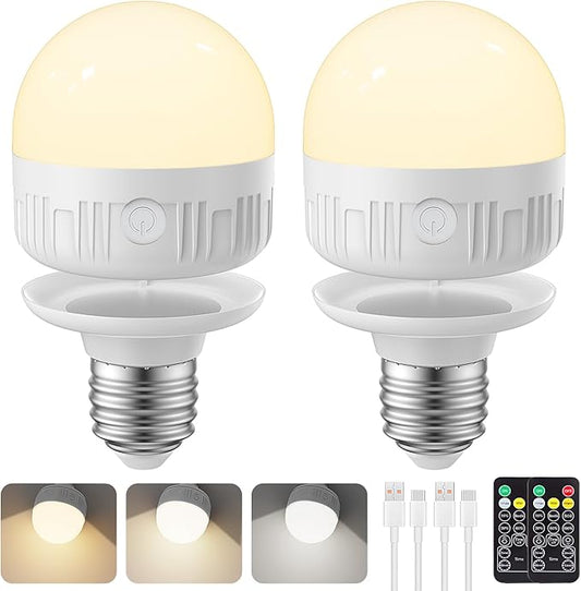 SCOPOW 2Packs E26 Rechargeable Light Bulbs with Remote Control, 5W 350lm Magnetically Battery Operated Light Bulbs 2000mAh, 3 Color Temperature, Timer, Dimmer for Non-Hardwired Lamp