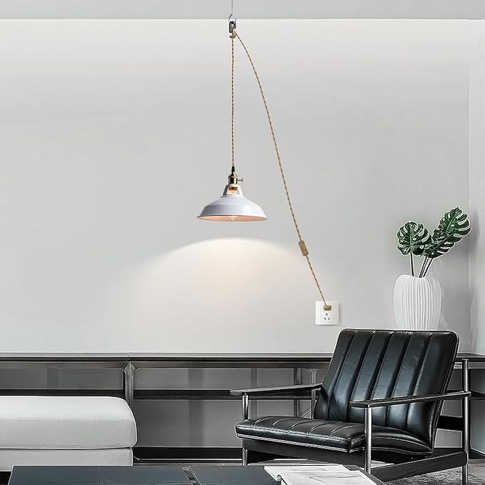 YUBOLE Industrial Swag Hanging Light with Switch Adjustable Height Pendant Lighting with White Metal Barn Shade for Kitchen Foyer Dining