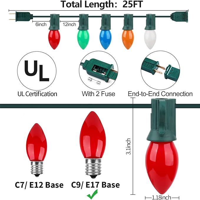 C9 Ceramic Multicolor Christmas String Lights, 25FT Vintage Christmas Lights Green Wire with 25+1 Multicolored C9 Light Bulbs, Hanging String Light for Xmas Tree Home Yard Party Decor, 7W, E17 Base
