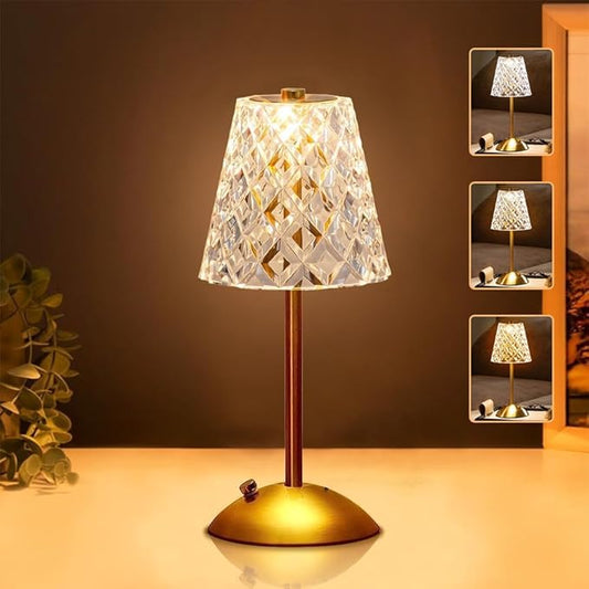 Portable Crystal Metal Desk Lamp,3-Color Touch Control, Rechargeable Battery - Ideal Bedside Lamp for Bedroom Nightstand (Golden Crystal Lamp)