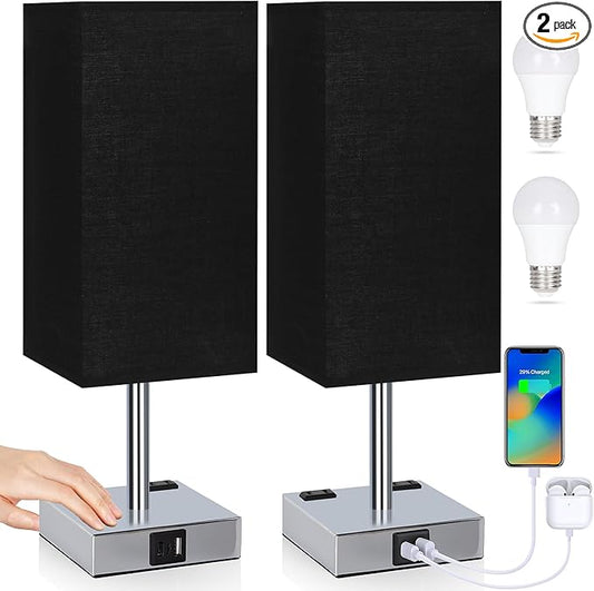 Soilsiu Set of 2 Bedside Table Lamp 3 Way Dimmable Nightstand Lamp with USB C & USB A Charging Port, 2 AC Outlets, 3000K LED Bulbs (Black)