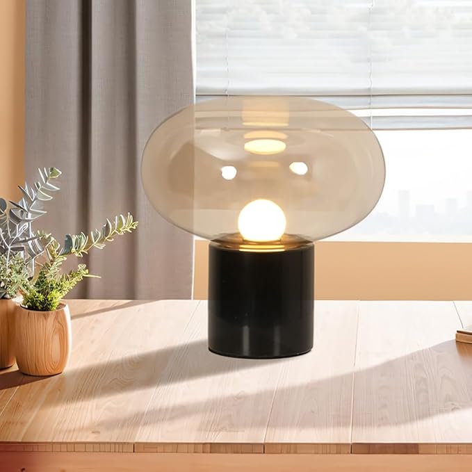 Meefad Glass Table Lamp, Mushroom Shape Bedside Lamp with Marble Base, Small Night Light for Bedroom Office Nightstand Cognac Finish
