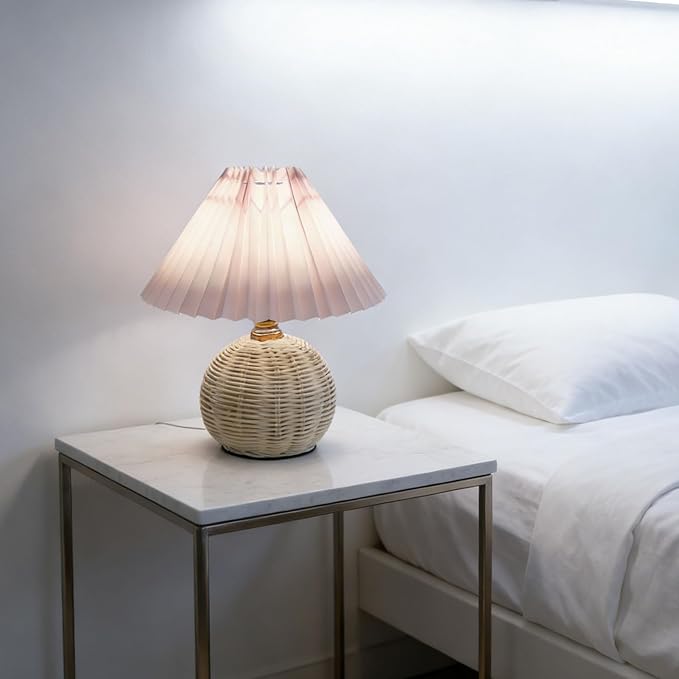 Hyuduo Pleated Table Lamp, Soft Yellow Light with Linen Lampshade and Rattan Base Bedside Lamp for Bedroom Nightstand, 10 Inch Shade 15 Inch Height Warm Glow Accent Light, Ideal for (Pink)
