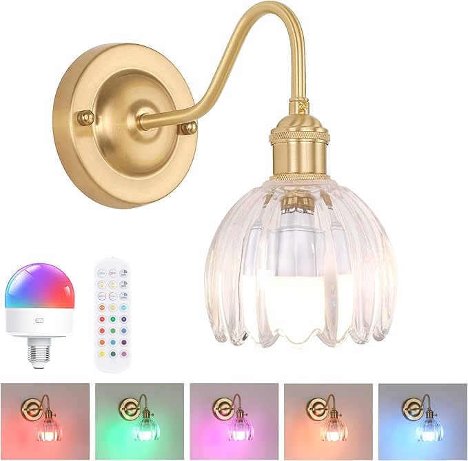 Vintage Battery Operated Wall Sconce, 5000mAh Rechargeable Wall Light, Indoor Battery Powered Wall Lamp for Bedside Bedroom Living Room, Tulip Clear