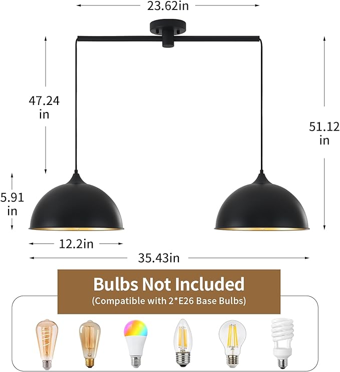 Pendant Lights Kitchen Island, 2-Pack Dome Pendant Light Black and Gold Light Fixtures Industrial Vintage Hanging Pendant Lighting for Farmhouse Dining Room Restaurant Cafe Entryway