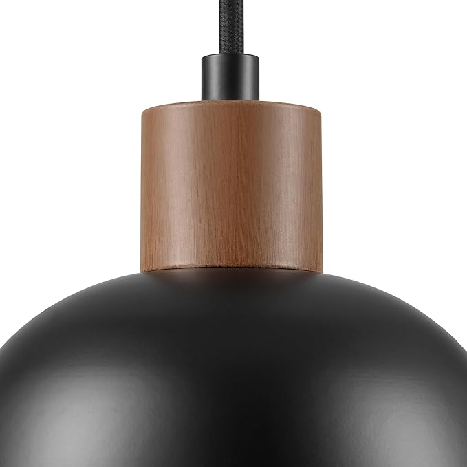 Globe Electric 67000193 1-Light Pendant Lighting, Matte Black, Wood-Toned Accent on Socket, 5ft Black Fabric Cord, Home Improvement, Kitchen, Living Room, Hanging Ceiling Light