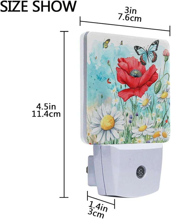 Vdsrup Spring Butterfly Bee Night Light Set of 2 Summer Poppy Flowers Nightlights Daisy Dragonfly Plug-in LED Nightlight Auto Dusk-to-Dawn Sensor Lamp for Bedroom Bathroom Kitchen Hallway Stairs