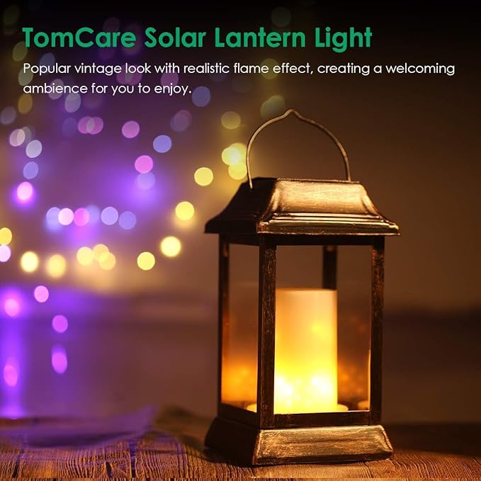 TomCare Solar Lights Metal Flickering Flame Solar Lantern Outdoor Hanging Lanterns Lighting Heavy Duty Solar Powered Waterproof LED Flame Lights for Patio Garden Christmas Decorations, 4 Pack (Bronze)