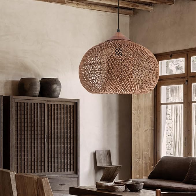 Large Pendant Light, 19.7inch Vintage Rattan Chandelier Hand Woven Farmhouse Ceiling Hanging Lighting Fixture for Kitchen Island Dining Room Living Room