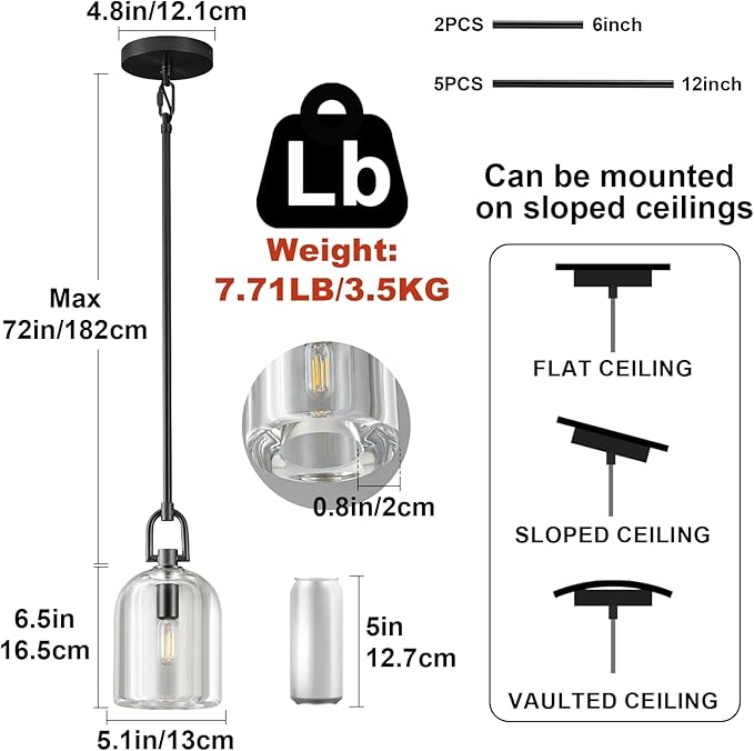 Black Pendant Light Fixtures, Modern Pendant Lights, Indoor Pendant Light for Kitchen Island Dining Room Living Room Bedroom Bathroom, E12 Bulb Included, 2PCS
