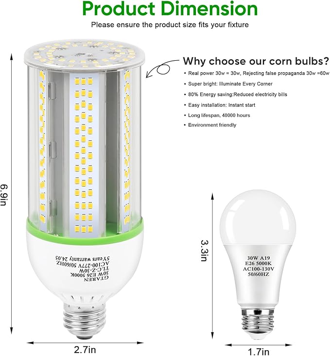 30W LED Corn Light Bulb, 300W Equivalent, 5000K Daylight, E26/E39 Base, 4200 Lumens - Replace CFL/HPS/HID, for Home, Basement, Backyard, Shop, Barn