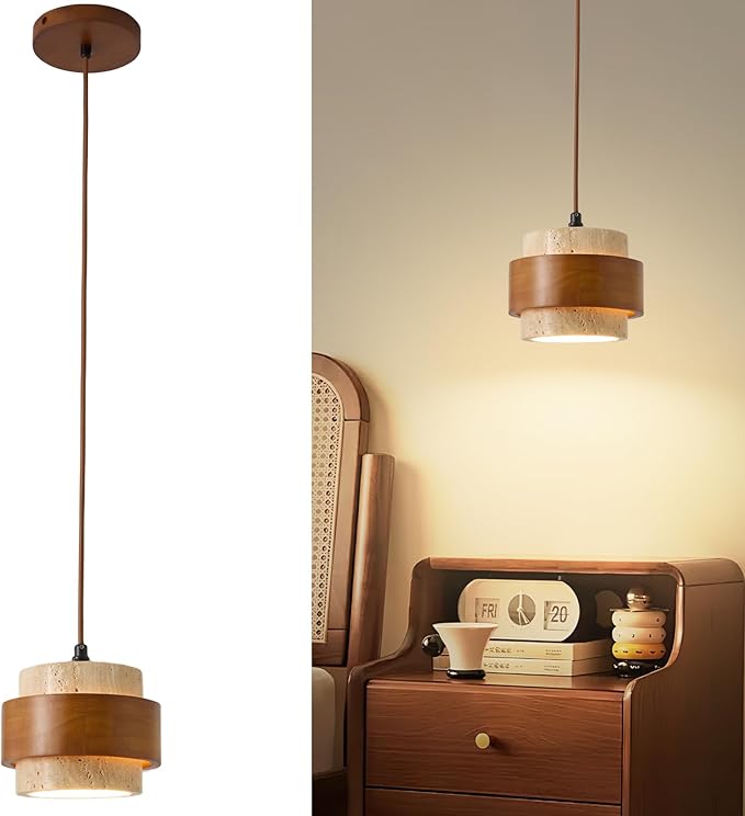 Natural Stone Pendant Light Set of 2, Wabi Sabi Travertine & Wood Hanging Lamp for Kitchen Island, Hallway, Bedroom, Dining Room Ceiling Decor (E26 Bulb, 6.7 in Stone Ring)