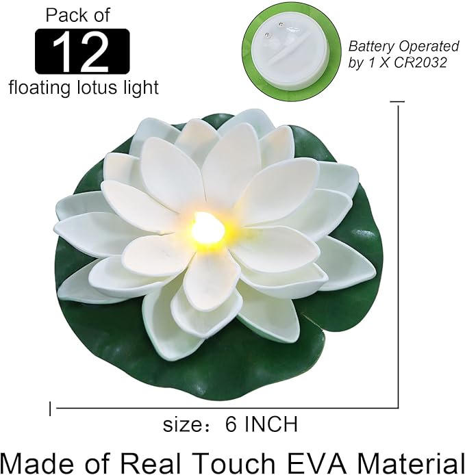 LACGO 12 PCS Waterproof Floating Lotus Light - 6'' Floating Flower Light Battery Operated Water Activated Warm White Pool Flower Lamp Wedding Anniversary Garden Decoration(6 Inch, White)