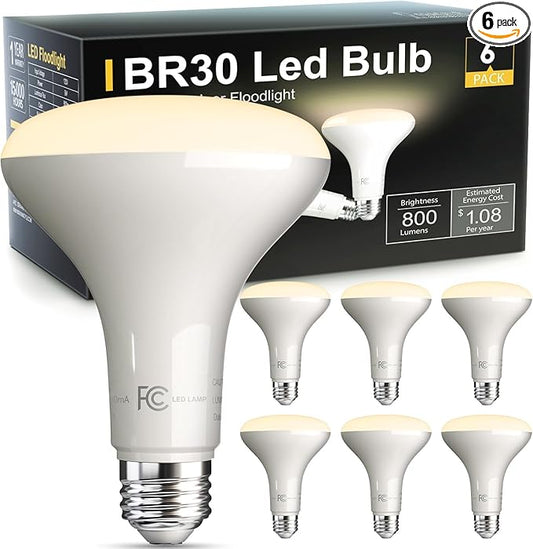 LED Flood Light Bulb Indoor, Dimmable BR30 Recessed Can Light Bulbs, 65 Watt Equivalent Efficient 9W, Warm White 3000K, E26 Standard Base, 800 LM 15000 Hour Lifetime, for Ceiling, Kitchen, 6 Pack
