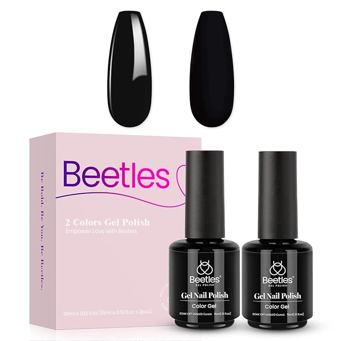 Beetles Black Gel Polish 2Pcs 0.51Fl.OZ Pure Black Gel Nail Polish Set 15ml Dark Base Color Soak Off Uv Nail Lamp Art Manicure DIY Design Gift for Women Long Nights Collection