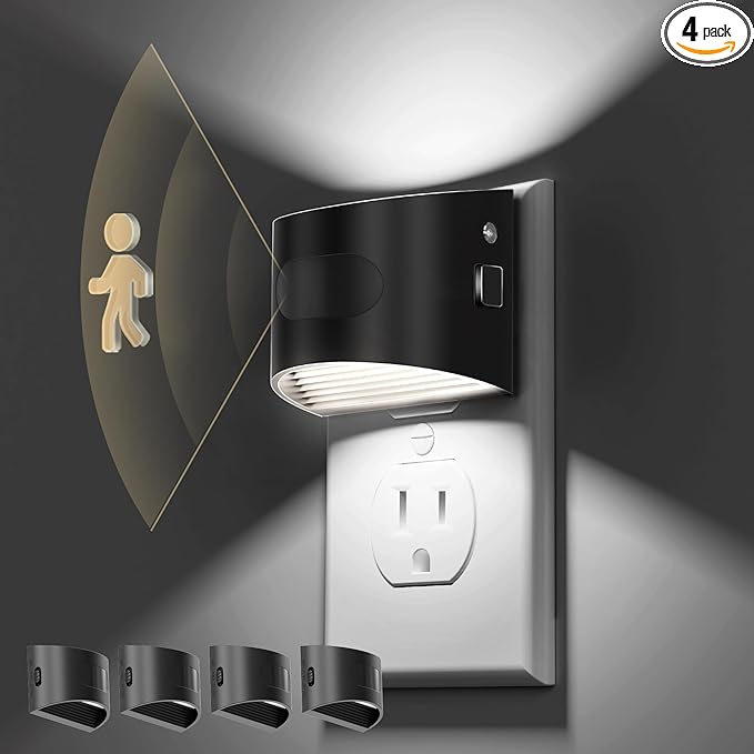 L LOHAS LED Night Light with Motion Sensor & Dusk to Dawn Sensor, Night Lights Plug into Wall with 30-100lm Adjustable Brightness, Dimmable Night Light for Bathroom, 5000K Daylight White, 4 Pack