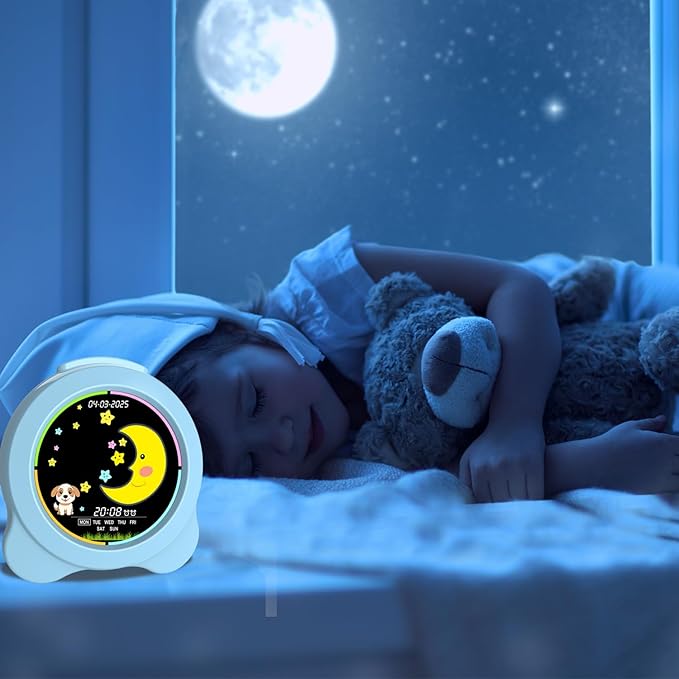 Kids Alarm Clock Sun & Moon LED Display with Day & Date OK to Wake Clock with Night Light for Kids Children's Sleep Trainer Gift for Boy and Girls (Blue)
