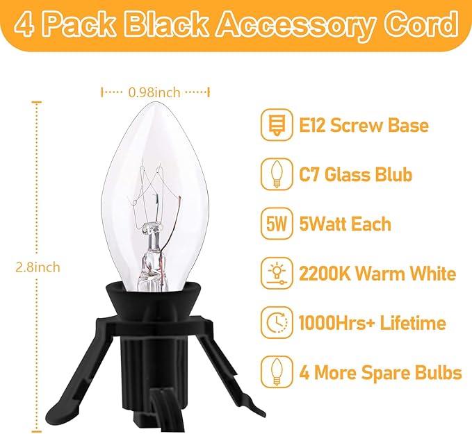 4 Pack Black Accessory Cord with 8Pcs C7 Bulbs (4 for Spare), 6 Feet Clip-in Lamp Cord with On/Off, Light up Halloween Xmas Decor - Lights for Pumpkin Christmas Village House Salt Lamp & Blow Mold