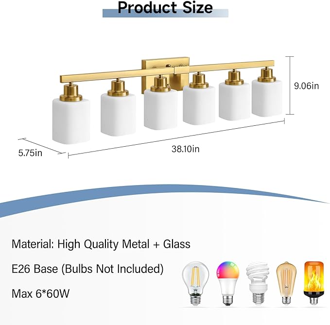Brushed Gold Bathroom Vanity Light,6-Light Bathroom Light Fixtures with Square Frosted Glass,Gold Bathroom Wall Lamp Sconces for Mirror Bedroom,Living Room Hallway,E26