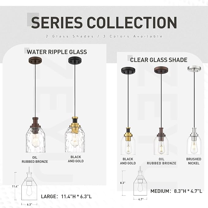 zeyu 2 Pack Modern Kitchen Pendant Lighting Over Island, Hanging Light Fixture for Dining Room, Water Ripple Glass Shade, Black and Gold Finish, ZG33M1L-2L BK+BG-WG