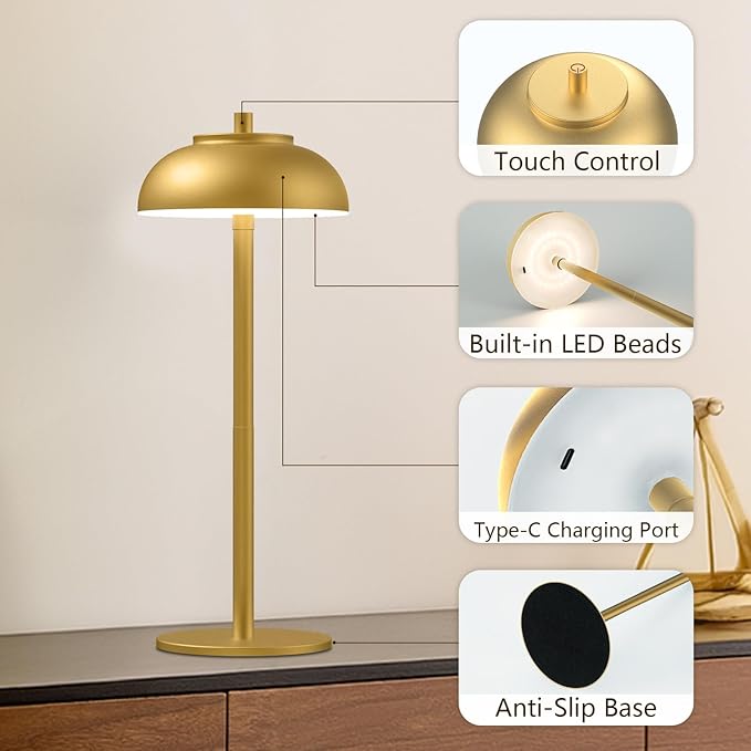 2 Pack Led Cordless Table Lamp: Modern Portable Desk Lamp for Indoor/Outdoor Use, 3 Color Dimming Rechargeable Battery Lights for Dining Room, Living Room, Patio, Camping(Gold)