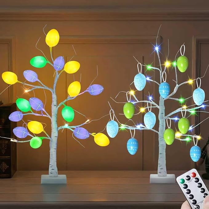 Easter Decorations Set of 2 Lighted 24 Inch Artificial Tree with 24pcs Easter Eggs, Colorful Easter Decor LED Lights, Light Up Tabletop Bonsai Tree for Table Home Holiday Spring Decors