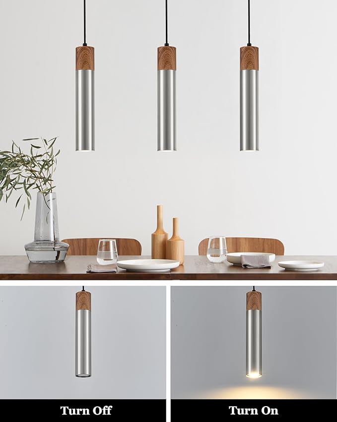 ELYONA 3 Pack Modern LED Pendant Light Fixtures, Brushed Nickel Metal with Wood Grain, 13.8" Mid Century Hanging Pendant Lights with GU10 Bulbs for Kitchen Island Dining Room Bedroom Adjustable Height