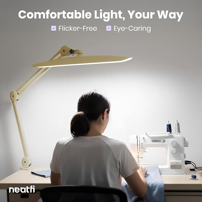 Neatfi XL 2200 Lumens 20W LED Desk Lamp with Clamp - Adjustable Color Temperature | 4-Level Dimmable Light | Home Office, Crafts & Workbench | 20-Inch Wide Head (CCT, Gold)