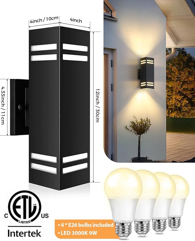 SHIMR Dusk to Dawn Outdoor Lighting 2 Pack, Modern Exterior Lighting Fixtures Wall Mount ETL Listed, Aluminum Anti-Rust Outdoor Sconce Up and Down Outside Lights for House Porch, LED Bulbs Include