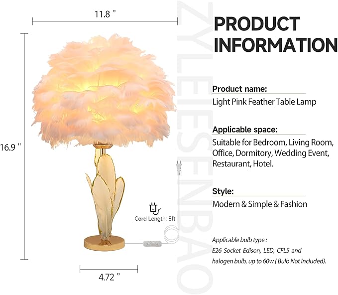 Pink Feather Lamp Goose Furry Table Lamp Princess Modern Fluffy Desk Lamp Simple Wedding Decor Romantic Bedside Night Light for Girl Bedroom Living Room Hotel