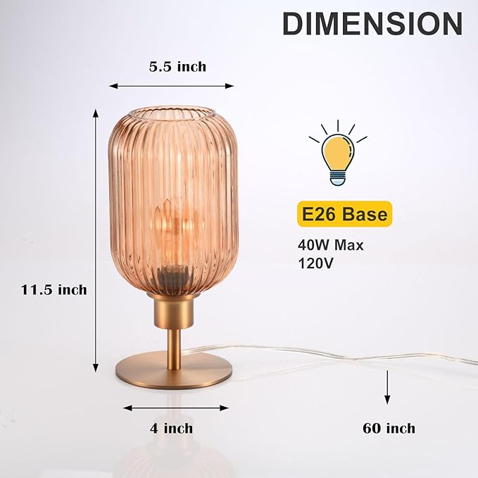 Mid Century Glass Table Lamp,Dimmable Desk Lamp,LED Bulb Included,Timer Build-in,Cognac Amber Ribbed Glass
