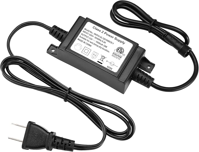 Sumaote Power Adapter Waterproof, Transformer ETL Listed 12W US Plug AC 120V to DC 12V Power Supply for Low Voltage LED Deck Lights, 2 Pin Connection