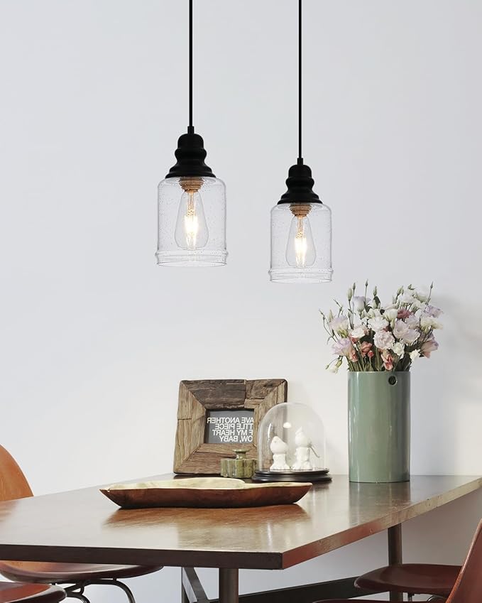 WILON Modern Glass Pendant Lights for Kitchen Island, 6.29" Mini Pandent Light Fixture with Seeded Glass Shade Black Farmhouse Pendant Lights E26 Base Hanging Kitchen Lights for Sink Dinging Room