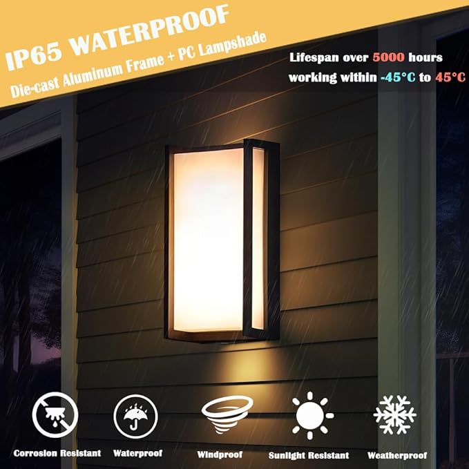 Modern Exterior Lighting Fixtures, 3-Color Temperature Front Porch Light fixtures, IP65 Waterproof Wall Sconce,18W Rectangular Black Outdoor Wall Lights for House Walkway Stair Garage