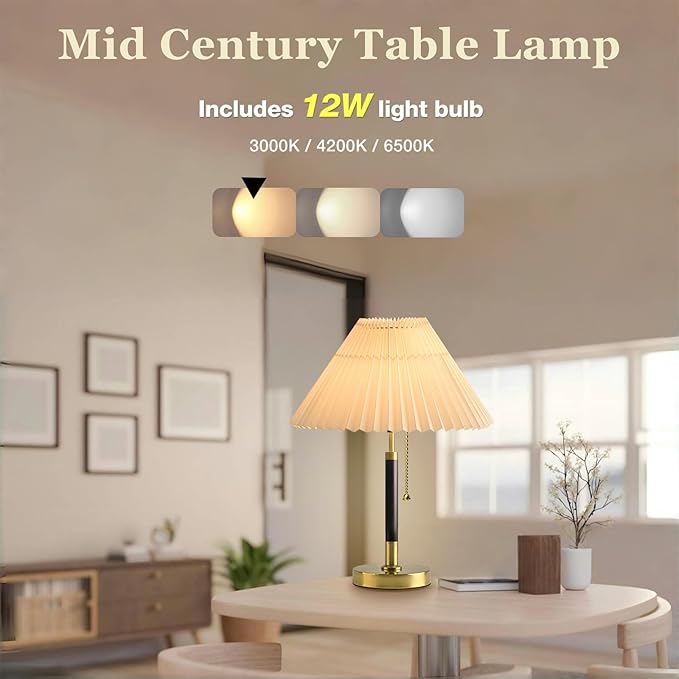 QUIGO Bedside Table Lamp for Bedroom Living Room-3 Color Temperature,Bedside Lamps for Nightstand with Linen Lampshade, Solid Wood & Brass,Modern End Table Lamp,Led Side Table Desk Lamp Vintage BW01T