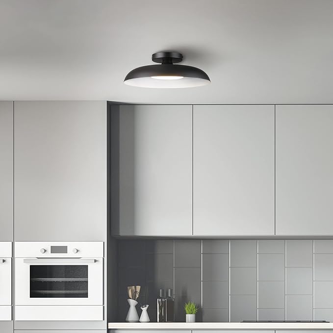 GLOBE Electric 66000075 1-Light 21W Dimmable LED Flush Mount Ceiling Light, Matte Black, White Interior Shade, 800 Lumens, 3000 Kelvin, 90 CRI, Ceiling Light for Bedroom, Lighting for Hallway