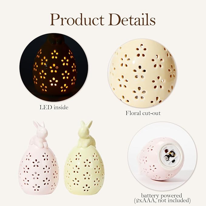 WDS WONDROUS Light Up Easter Decorations Bunny and Egg Figurines Set, LED Pink & Yellow Easter Spring Home Decor, Ceramic Rabbit Egg Sculpture for Farmhouse Tabletop Centerpiece Wedding Gifts 2PCS