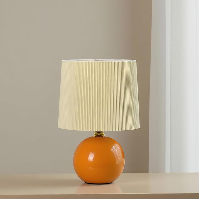 jonong Small Pleated Table Lamp, Ceramic Desk lamp,Modern Bedside Nightstand Lamp with Beige Lampshade, Cute Lamp for Bedroom Living Room Home Office Decor,Kids, Women, for Gift Present (Orange, M)