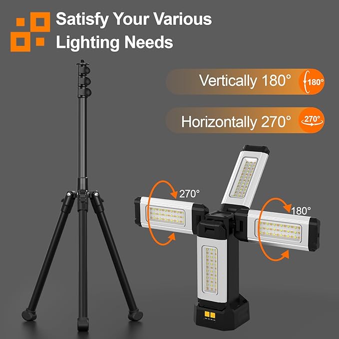 13200mAh Rechargeable Aluminum Work Light , IPX4 Waterproofwith Folding Stand Support and Portable Carrying Bag, 8000 Lumen Stepless Dimmable , 3 Lighting Modes, White/Warm/Nature White