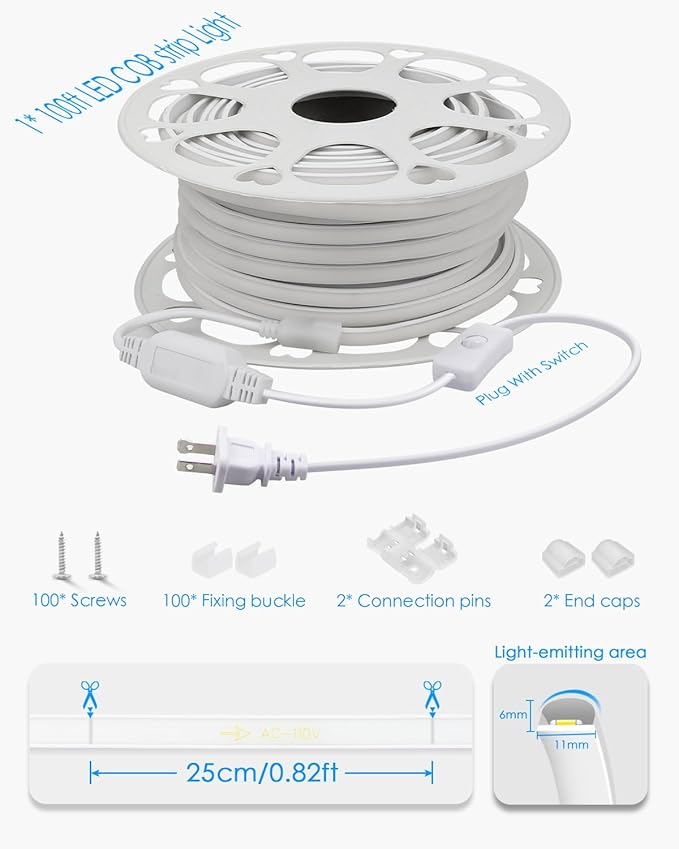 LED Strip Lights 100FT Plug in with Switch AC 110V One Roll COB LED Rope Lights 6000K Daylight White High Density 288Leds/M Extra Long COB LED Lights Outdoor Waterproof for Patio Decor