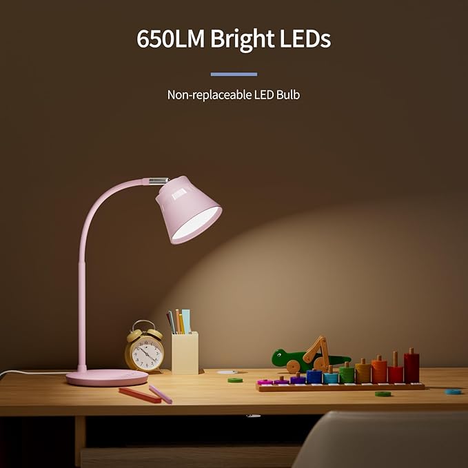 AXX TU08 Pink Cute Desk Lamp with USB Charging Port, 650 Lumens 3-Color Modes, 5-Touch Dimming, 30/60-Minute Timer, 18-Inch LED Small Table Light for Kids Teen Girls, College Dorm Room Essentials