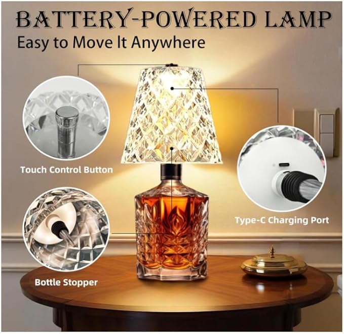 Rechargeable LED Bottle Lamp- Crystal Clear Table Lamp with 3 Color Modes, 2000mAh Battery & Touch Control, Wireless Wine Bottle Lamp for Home Bar, Wedding, Party Decor (1)