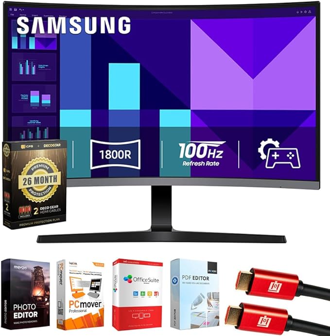 Samsung 27" S3 (S39GD) FHD 100Hz Curved Monitor with Speakers LS27D396GANXZA Bundle with Elite Suite 18, 2X HDMI Cable and Deco Gear CPS Exclusive 26 Month Protection Pack (BEACH-CPS-26M250)