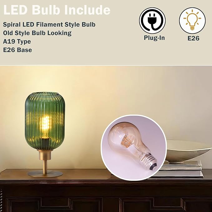 Mid Century Glass Table Lamp,Dimmable Desk Lamp,LED Bulb Included,Timer Build-In,Green Ribbed Glass
