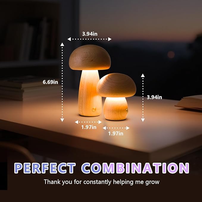 Mushroom-Night-Lights Rechargeable, Cordless Wooden Mushroom Table Lamps, Portable Desk Lamps for Bedroom, Studyroom, Living Room, Office, Birthday Gifts(2 Packs)